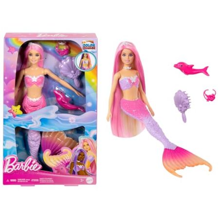 BARBIE Meerjungfrau-Puppe - Inspiriert von der Fernsehserie "Barbie Ein verborgener Zauber", mit Farbwechseleffekt und Zubehör, 19 cm lange pinke Haare zum Stylen, für Kinder ab 3 Jahren, HRP97