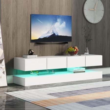 Generisch LED TV Lowboard,Wandmontierter TV-Schrank,TV-Ständer, TV-Möbel Mit 2 Schränken Und 4 Großen Schubladen, 16-Farbige LED-Beleuchtung Wandschrank Für Bis Zu 55 Zoll Fernseher Weiß 130*33*15Cm
