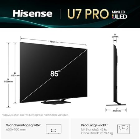 Hisense 85U7Q Pro Fernseher 85 Zoll, 4K Mini LED, Smart TV, Hi-View AI Engine Pro, 165Hz Game Mode Ultra, FreeSync Premium Pro, 2.1.2 ch. Surround Sound, Dolby Vision IQ Atmos, Sprachsteuerung [2025]