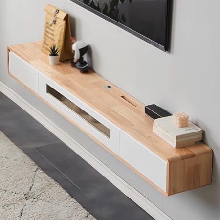 Ahtadums Massivholz TV Lowboard Hängend schwarz, TV Schrank hängend mit 2 Schubladen TV Board hängend, Mit Glastürfüllung, komplett montiert (Log+weiß, 120cm)