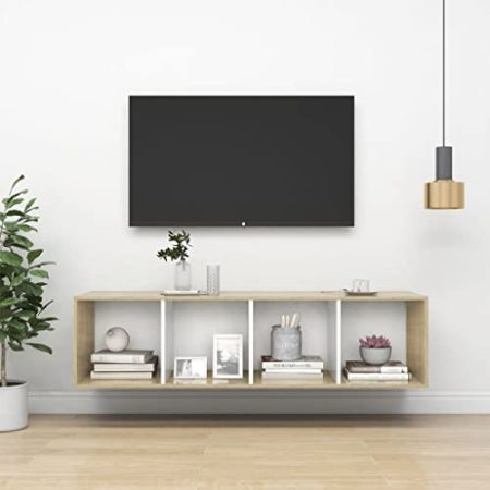 - Entertainment Centres & TV-Ständer, Wandmontage, TV-Schrank, Sonoma-Eiche und Weiß, 37 x 37 x 142,5 cm Spanplatte