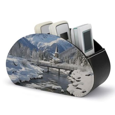 Winterlandschaft in den Bayerischen Alpen Fernbedienungshalter, Leder TV Remote Caddy Desktop Organizer 5-Slot Storage Holder für TV/DVD/Zubehör Stilvolle Schreibtischdekoration für Wohnzimmer