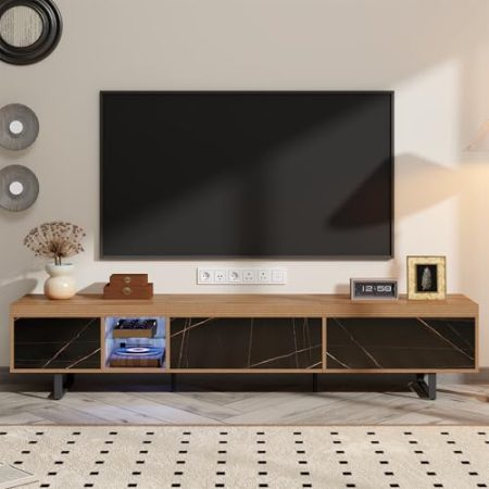YESGIGA TV-Schrank, lowboard mit Marmoroberfläche, mit Glas und farbwechselnder LED-Beleuchtung