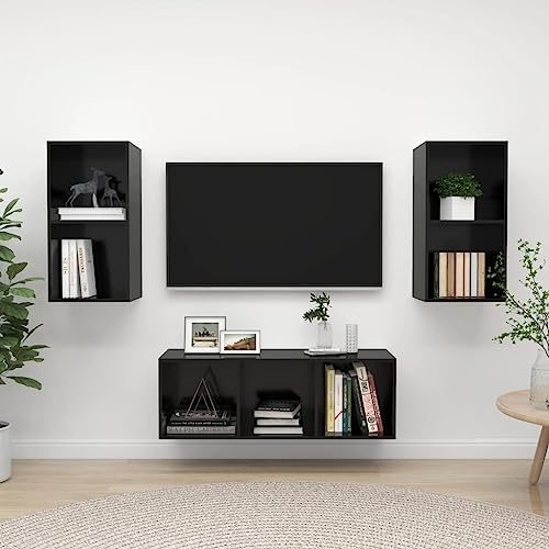 CINDERFUL 3-TLG. TV-Schrank-Set Hochglanz-Schwarz Holzwerkstoff,Schwebendes TVSchrankSet aus Hochglanzschwarz mit viel Stauraum für das Moderne Wohnzimmer TV-Möbel, TV-Bänke