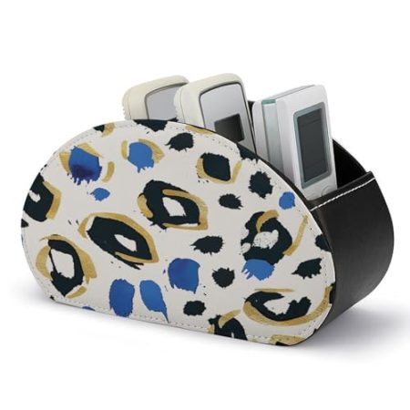 FZQVSWTX Fernbedienungshalter, goldfarbene und schwarze Formen, bedrucktes PU-Leder, Fernbedienungs-Caddy Desktop-Organizer mit 5 Fächern für Medien-Zubehör und Bürobedarf