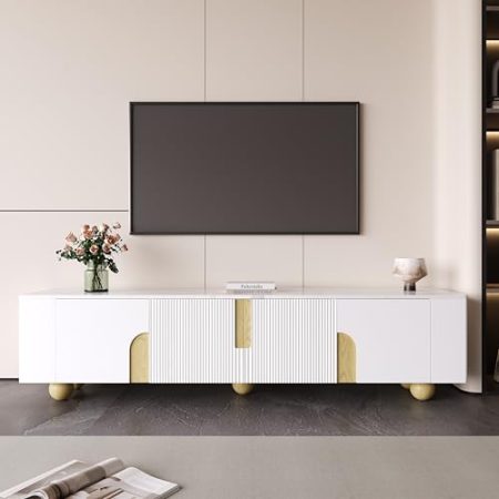 ANIROY TV-Schrank, Lowboard mit 4 Türen, Freistehender TV-Mobel, TV-Ständer mit Stauraum, Marmoroptik-Oberfläche, kugelförmige Holzfüße, Weiß