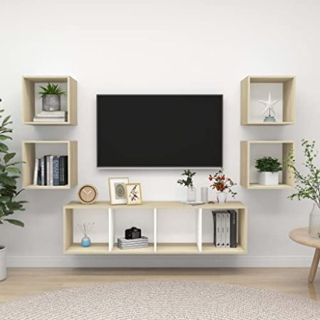 AJSEOYBS Tv Board HäNgend,Wohnzimmer Lowboard 5-TLG. Tv-Schrank-Set Weiß Sonoma-Eiche Holzwerkstoffgeeignet Geeignet für Wohnzimmer, Schlafzimmer, Büro, Empfangsraum, Arbeitszimmer
