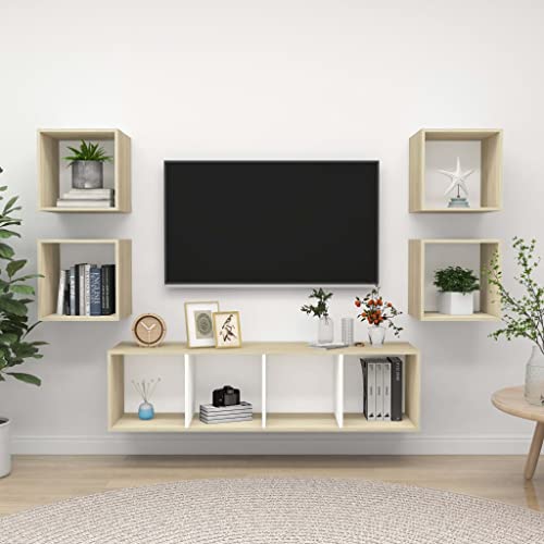 AJSEOYBS Tv Board HäNgend,Wohnzimmer Lowboard 5-TLG. Tv-Schrank-Set Weiß Sonoma-Eiche Holzwerkstoffgeeignet Geeignet für Wohnzimmer, Schlafzimmer, Büro, Empfangsraum, Arbeitszimmer