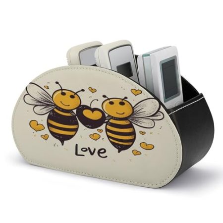 FZQVSWTX Fernbedienungshalter, Bee Love Honeys, bedrucktes PU-Leder, Schreibtisch-Organizer mit 5 Fächern für Medien-Zubehör und Bürobedarf