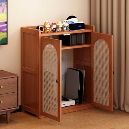 ZDFTGKM Rattan-WLAN-Router-Aufbewahrungsschrank, bodenstehend, Modem, Steckdosenleiste und Kabelmanagement, Organizer für Heimbüro (60 x 113 x 25 cm)
