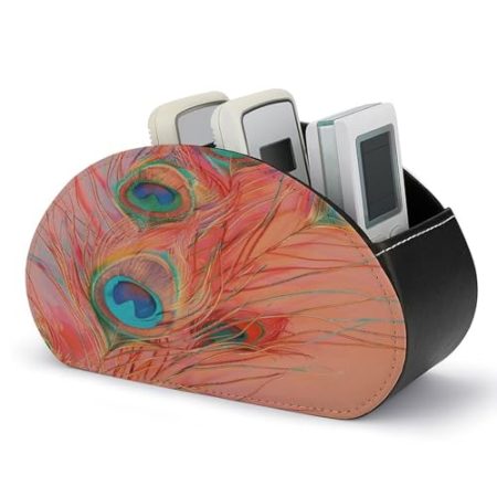 FZQVSWTX Fernbedienungshalter, bunte Pfauenfedern, bedrucktes PU-Leder, Fernbedienungs-Caddy, Schreibtisch-Organizer mit 5 Fächern für Medien-Zubehör und Bürobedarf