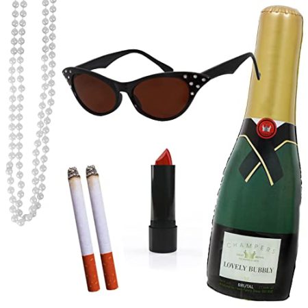 Fabulous Lady Zubehör-Set für Erwachsene – rote Katzenaugen-Brille, aufblasbare Champagnerflasche, Perlenkette, roter Lippenstift, gefälschte Zigaretten – klassisches britisches