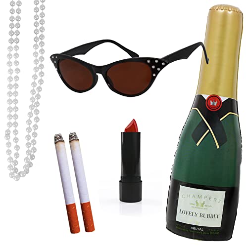 Fabulous Lady Zubehör-Set für Erwachsene – rote Katzenaugen-Brille, aufblasbare Champagnerflasche, Perlenkette, roter Lippenstift, gefälschte Zigaretten – klassisches britisches
