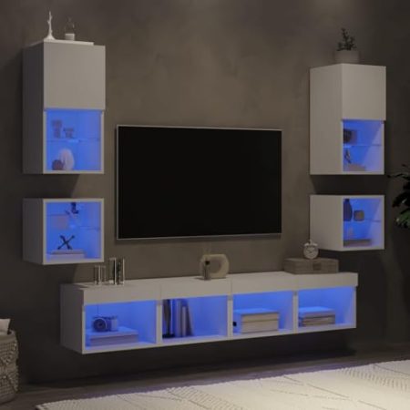 Gecheer 8-TLG.Wohnwand mit LED-Beleuchtung TV Schrank Set Wohnzimmer TV Set TV Lowboard Schrankwand Wandschrank Mediawand Anbauwand Fernsehtisch TV Möbel Wohnzimmersets Weiß Holzwerkstoff Glas