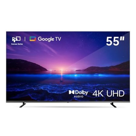 FPD Google TV 4K UHD 139,7 cm (55 Zoll) mit integriertem Google Play und Google Cast, HDR 10, Dolby Vision, Dolby Atmos, Memc, Sprachsteuerung, Schwarz, 4K, 139,7 cm (55 Zoll)