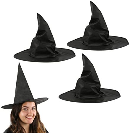 Halloween-Hexenhut für Erwachsene – 3 Stück – schwarzer spitzer Hexenhut mit breiter Krempe – Damen Halloween Trick or Treat Fancy Dress Zubehör