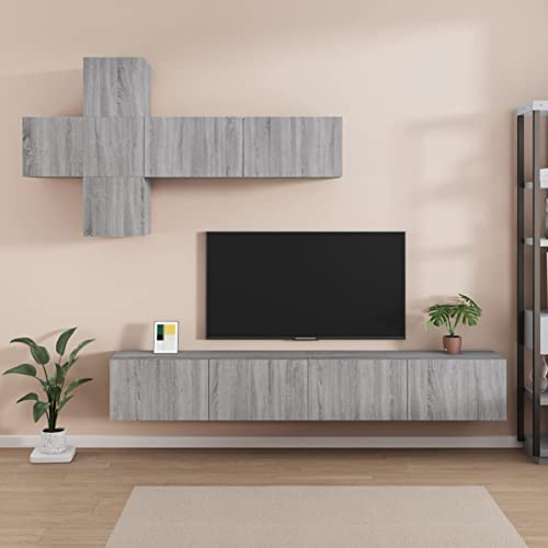 Iiaky 7-TLG. TV-Schrank-Set Grau Sonoma Holzwerkstoff Wohnzimmer SchräNke Wohnzimmerset TV-StäNder Wohnzimmer MöBel Set