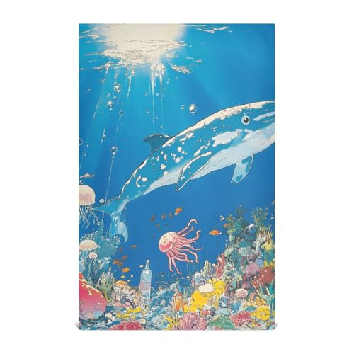 EtherSpher Bunte Cartoon-Unterwasserwelt Blauwal dekorative Geschirrtücher für Küche, Frottee, Küchentücher, Geschirrtücher, Dekor-Zubehör, modernes Tallas Para Ropa, 71,1 x 45,7 cm, 4 Stück