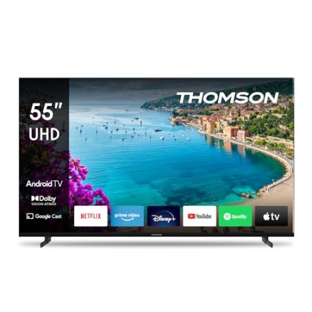 Thomson 55 Zoll (139 cm) 4K Ultra HD Smart Android TV, Google Assistant, Wi-Fi, Dolby Digital, Bluetooth, Triple-Tuner (Kabel/Satellit/Antenne), HDMI, CI+, A+ Panel – 55UA5S13