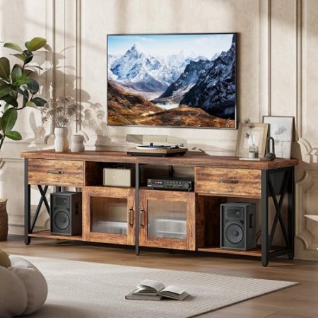 Flycity TV Schrank, 180 cm Lowboard im Industriestil, TV Board Geeignet für Fernseher bis 70 Zoll, X-förmige Stütze, Fernsehtisch aus Holz mit Offenem Stauraum, TV Tisch, Unterschrank, Vintage-Braun