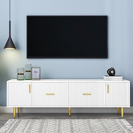 HYSZ weißer TV-Schrank für 70-Zoll-TV, goldene Griffe, stilvolles Design mit vertikalen Streifen auf der Vorderseite, 2 Türen, 2 Schubladen,170 * 40 * 50 cm
