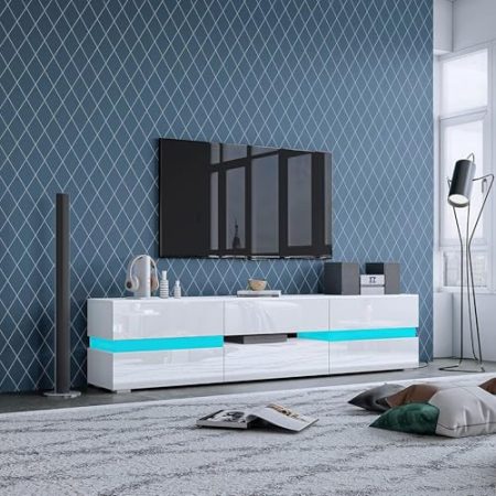 Generisch LED-TV-Ständer,TV-Schrank 177 cm, Modernes TV-Möbelstück,Hochglanzfront, Matter Korpus mit 2 Türen und 1 Schublade für Schlafzimmer, Wohnzimmer, Wohnmöbel (Weiß)