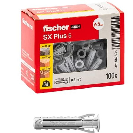 Fischer 100 Dübel SX Plus 5 x 25 mm für Vollwand, Lochziegel, Mauerwerk, Beton, zur Befestigung von Kronleuchtern, Möbeln, Hängeschränken, Regalen, 567605
