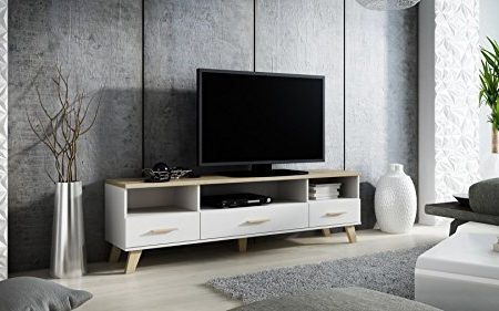 Tv Schrank Lotta, Wohnzimmerschrank, Schrank, Fernsehenschrank, Lowboard, Unterschrank mit 3 Schubkästen, Skandinavisch, Briliant Weiß