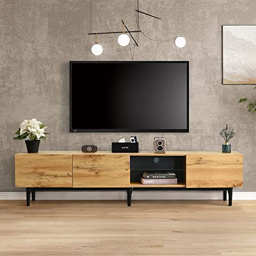 Moderner TV-Ständer mit Variable LED-Leuchten TV-Schrank mit Holzmaserung TV Lowboard mit 3 Türen und offenen Regalen TV-Schranktisch für Schlafzimmer Wohnzimmer Holzfarbe