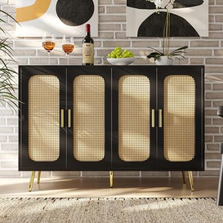 ANIROY Rattan Sideboard, Kommode mit 4 Türen, Handwerklich Gestalteter Aufbewahrungsschrank aus Holz, Sideboard für Esszimmer, Wohnzimmer, 120 x 30 x 89 cm