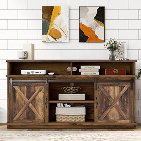 Großer TV-Schrank, Sideboard, Unterhaltungscenter mit 2 klassischen Schiebetüren, verstellbaren Regalen für Wohnzimmer, Esszimmer, Farm-Design 148X 40X 78 cm