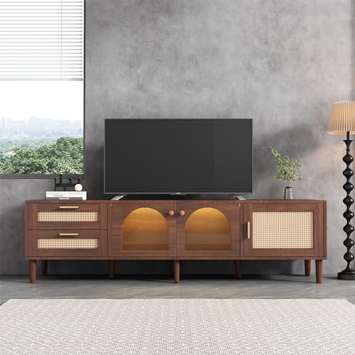 brauner TV-Schrank für 80-Zoll-Fernseher – mit 2 Rattan-Schubladen, 2 gewölbten Glastüren und 1 Rattan-Tür, LED-Beleuchtung, bietet stilvolle Aufbewahrung, TV-Board