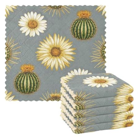 EtherSpher Trendige Geschirrtücher, Motiv: Kakteen, Sonnenblume, goldgrau, sehr saugfähig, zum Aufhängen, Frottee-Geschirrtücher, hochwertig bedruckte Lappen, Zubehör, Para Mesas, 27,9 x 27,9 cm