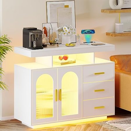 Figbird Buffetschrank Sideboard küche Weiss Hochglanz, Vorratsschrank TV Sideboard Mit Kabelloser Ladestation, Automatischem Sensor RGB 20-Farben Dimmbares Mehrzweckschrank