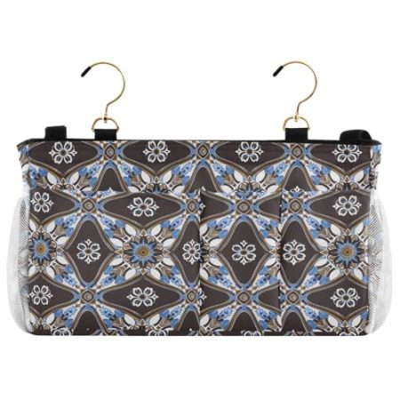 EtherSpher Nachttisch-Caddy im Bohemian-Stil, Blumenmuster, Blau auf Braun, für Etagenbett, hängende Aufbewahrungstasche für TV-Fernbedienung, Handys, Zeitschriften, Tablets, Zubehör