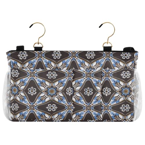 EtherSpher Nachttisch-Caddy im Bohemian-Stil, Blumenmuster, Blau auf Braun, für Etagenbett, hängende Aufbewahrungstasche für TV-Fernbedienung, Handys, Zeitschriften, Tablets, Zubehör