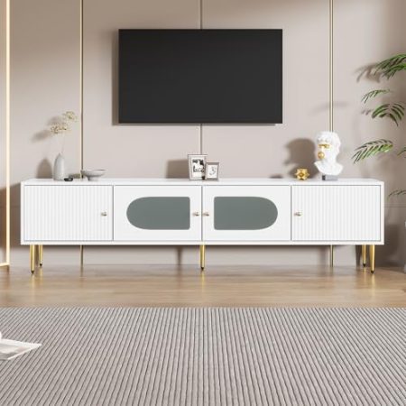 HAINEW Moderner Weiß TV Schrank TV Lowboard mit 4 Türen, 170cm Lang Fernsehtisch Fernsehschrank TV-Regal mit Goldenen Beinen und Griffen für Wohnzimmer und Schlafzimmer, 170×35×50cm