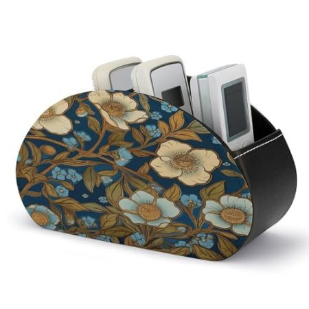 FZQVSWTX Fernbedienungshalter, Blumen und Blätter, bedrucktes PU-Leder, Schreibtisch-Organizer mit 5 Fächern für Medien-Zubehör und Bürobedarf