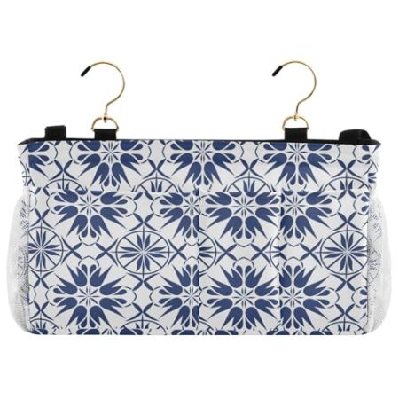 EtherSpher Nachttisch-Caddy mit traditionellem Muster, Aufbewahrungstasche für TV-Fernbedienung, Handys, Zeitschriften, Tablets, Zubehör, Blau und Weiß