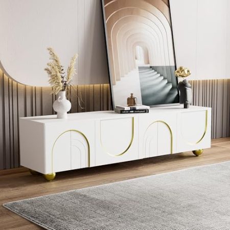 IDEASY Weißer TV-Schrank, Modernes TV-Lowboard mit 4 strukturierten Türen, TV-Bank mit goldenen runden Beinen für Wohnzimmer, 170x38x44cm