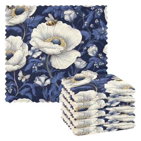 EtherSpher Geschirrtücher und Geschirrtücher, Vintage-Stil, Blumenmotiv, Frottee, dekorative Handtücher, Küche, Frottee, Geschirrtücher, Landreinigung, Zubehör, Para Mesas, 27,9 x 27,9 cm, Weiß