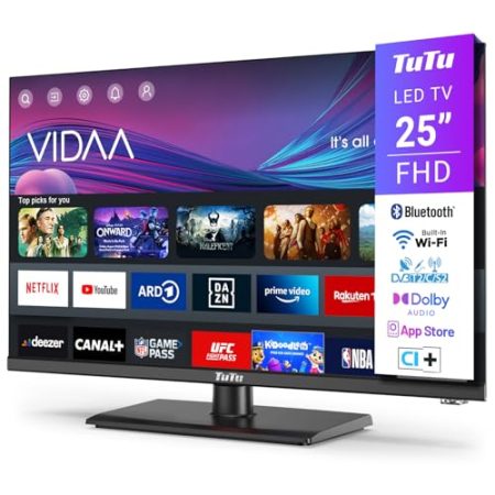 TuTu Fernseher 25 Zoll (64 cm), Full HD Smart TV mit Bluetooth, WLAN, Triple Tuner (DVB-T/T2, DVB-C, DVB-S/S2), App Store, Mittelfuss [2025]