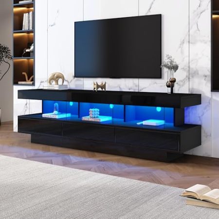 Hochglanz TV-Ständer mit 3 Glasablagen LED-Beleuchtung App-Steuerung Lowboard für Fernseher bis zu 70 Zoll TV Schrank mit Schublade TV Möbel Tisch 160cm für Wohnzimmer Schwarz