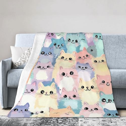 Bunte Katzen-Überwurfdecke, 102 x 127 cm, niedliche Kätzchen-Fleece-Decken für Couch, Bett, Picknick, weich, gemütlich, leicht, für alle Jahreszeiten