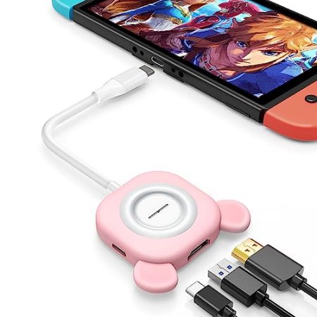 Tendak USB C auf HDMI Adapter für Switch Süßer Bär 3 in 1 USB-C Hub mit USB 3.0 PD Aufladung 4K HDMI Konverter für Nintendo Switch/Switch OLED, MacBook Pro, Samsung S22 Huawei Mate 30 (Rosa)