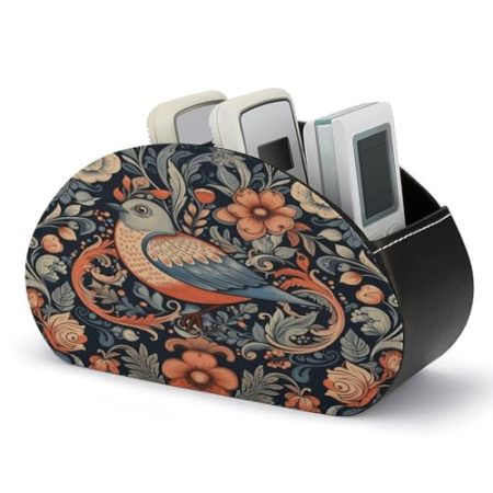 FZQVSWTX Fernbedienungshalter, Vögel und Blätter, bedrucktes PU-Leder, Schreibtisch-Organizer mit 5 Fächern für Medien-Zubehör und Bürobedarf