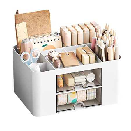 Axroad Mall Schreibtisch Organizer mit Schublade, Große Kapazität Desktop Stifthalter Caddy Bürobedarf Organizer Schreibwaren Zubehör Aufbewahrungsbox (Weiß)