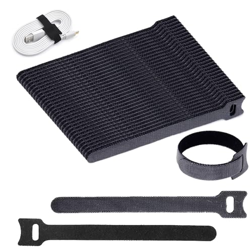Rhimooay 100 Stück Klettband Kabelbinder Klett Schwarz, Kabel-Klettband Kabelklett Kabelbinder Klettbinder Klettverschluss, Wiederverwendbare Verstellbare kabelklettbänder für Kabel, 120 x 12 mm