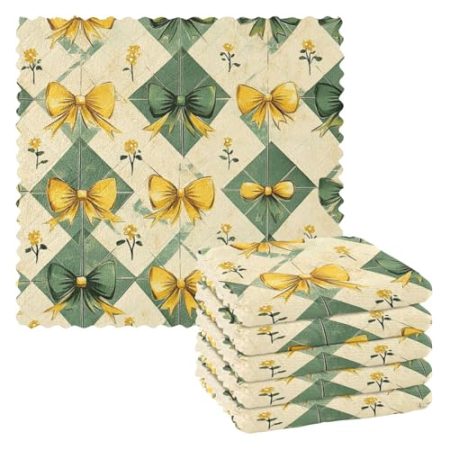 EtherSpher Vintage gelbe Schleifen Blumen grüne Formen saugfähige Barhandtücher lustige Küchentücher saugfähig Küchentuch Zubehör Kaffee Erntedankfest Toallas para la cocina 27,9 x 27,9 cm