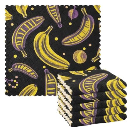 EtherSpher Fruit Banana Fashion Mikrofaser-Geschirrtücher zum Aufhängen, Handtücher für Küche, Küche, Frottee, Geschirrtücher, Campingtisch, Zubehör, Para Mesas, 27,9 x 27,9 cm, Schwarz / Lila